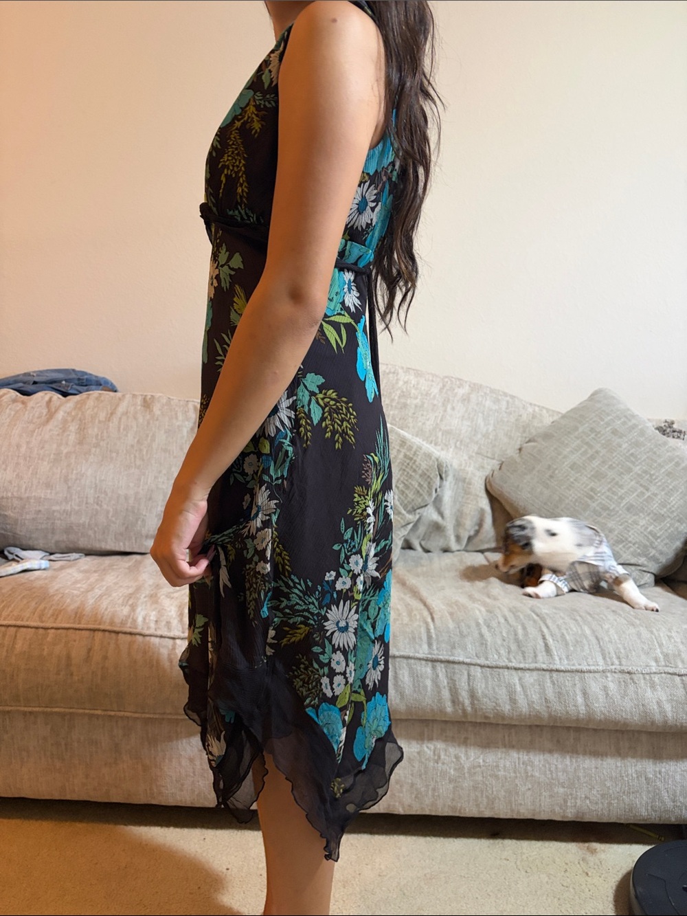 Laundry By Shelli Segal Black Midi Dress with Teal & White Floral Print